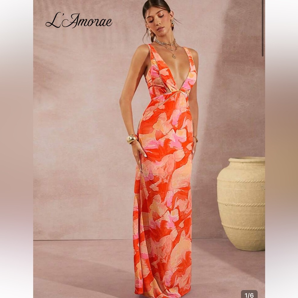 NWT Slimming Summer Bright Y2K Print Plunging V-Neck Maxi Dress